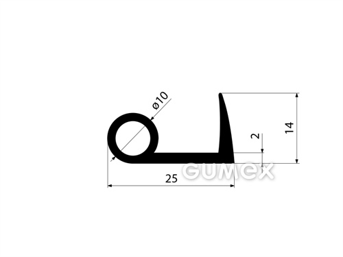 "P" Gummiprofil mit Loch, 25x10/2mm, Länge 1790mm, 60°ShA, EPDM, -40°C/+100°C, schwarz, 